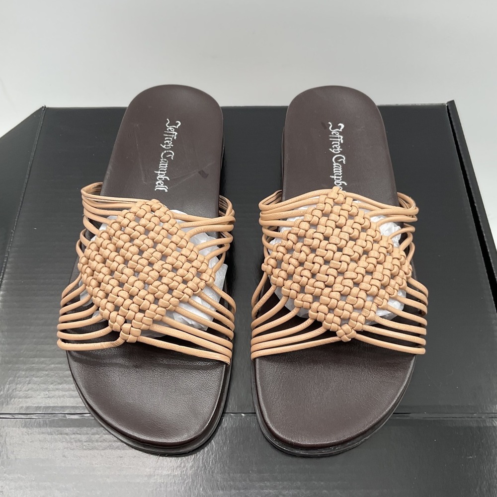 Jeffrey Campbell Womens Woven Leather Slide Sandals Tan Brown Flat Size 6